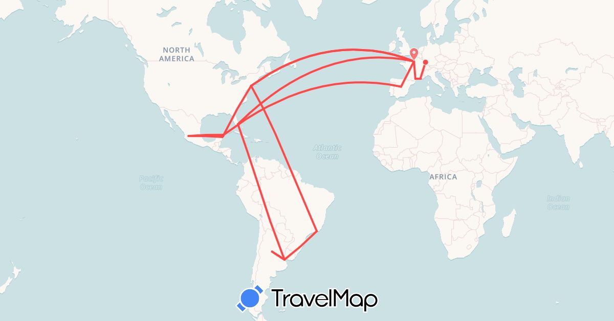 TravelMap itinerary: driving, hiking in Argentina, Brazil, Spain, France, Mexico, United States (Europe, North America, South America)